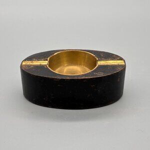 Vintage Oval Wood And Brass Ashtray With Carved Body And Warm Aged Finish